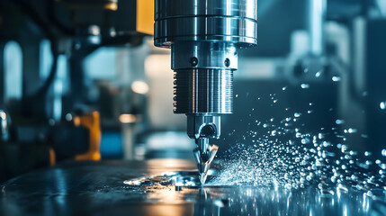 High-tech hydraulic press in action, shaping metal parts under high pressure in a well-lit, clean industrial setting
