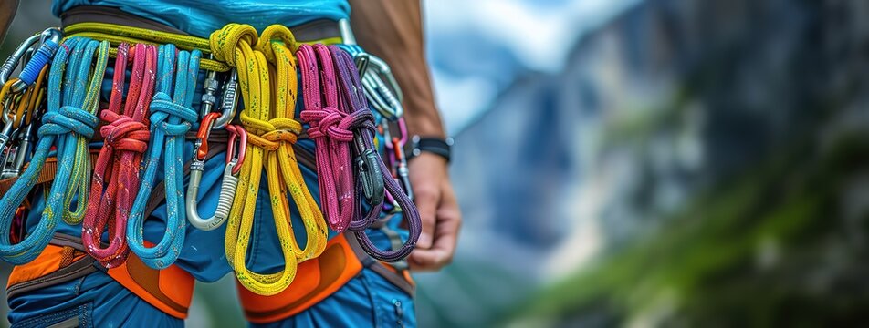 Close up of a rock climber's harness with ropes and carabiners. The climber is wearing blue pants and a blue shirt.