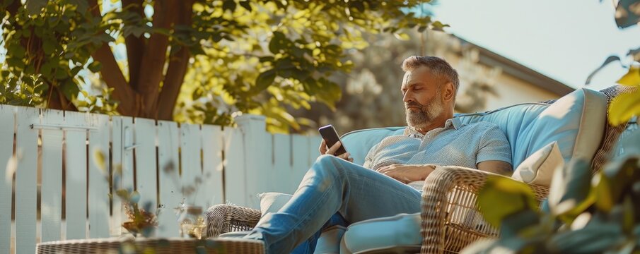 A man sitting comfortably on an outdoor patio, holding a smartphone, surrounded by a tranquil setting with trees and sunlight, representing relaxation and leisure