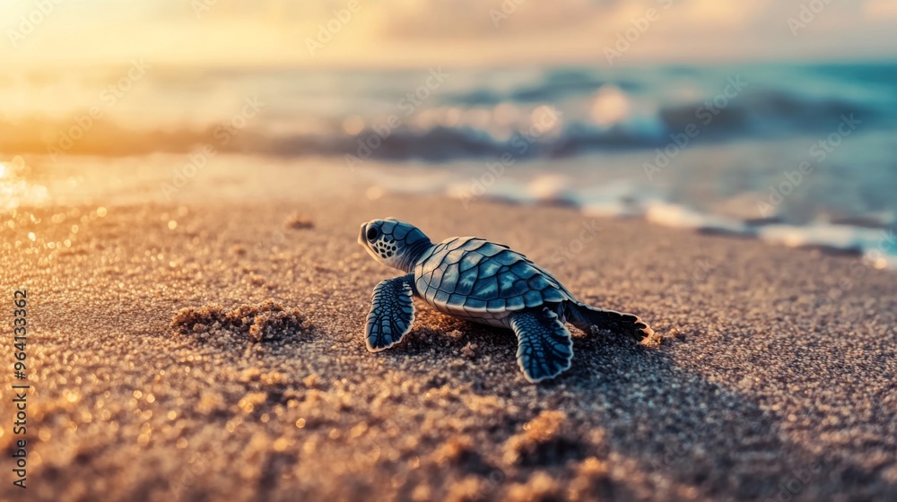 Aufkleber A baby sea turtle hatchling making its way to the ocean from a nest on the beach, symbolizing the beginning of its journey and the importance of marine conservation.
