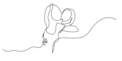 continuous line hugging a friend.one line drawing of a woman hugging her friend tightly.single line illustration.isolated white background