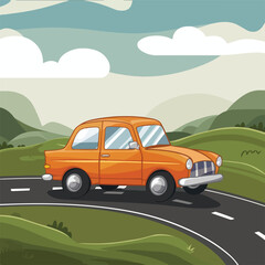 Fototapeta premium seamless pattern of a cartoon orange car driving along a winding road.