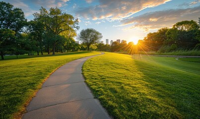 Fototapeta premium A serene park pathway meandering through lush greenery and gently bathed in the first rays of sunlight at dawn, showcasing the tranquility and beauty of nature