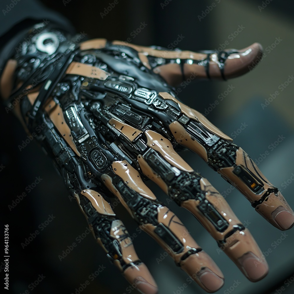 Poster Close-up of a robotic hand with exposed circuitry and fleshy fingers.