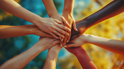Diverse Hands Stacked in Unity and Teamwork