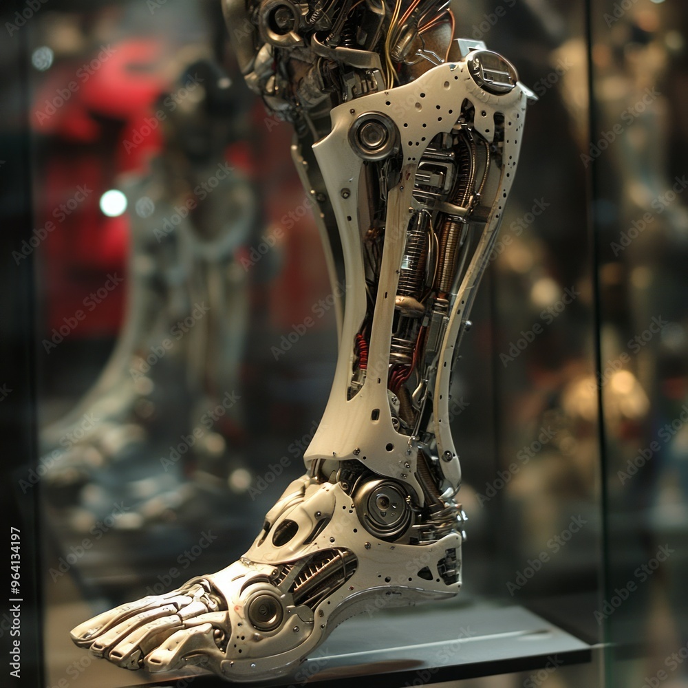 Poster Close-up of a robotic leg with intricate gears and wires.