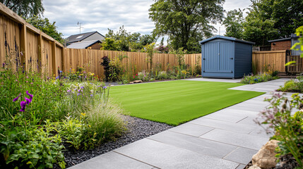 Fototapeta premium Widok zewnętrzny na tylny ogród z równą, sztuczną trawą oraz szarymi płytami chodnikowymi. Ogród posiada pięknie zaaranżowaną rabatę z roślinami, solidne drewniane ogrodzenie i jasną, niebieską szopę.