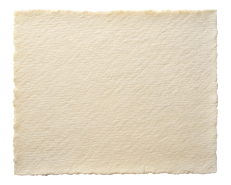 Textured cream handmade paper with a soft fiber finish and natural edges, ideal for artistic or craft projects with a vintage feel. Isolated on transparent background, png.