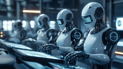 Fototapeta premium Widok zaawansowanej linii produkcyjnej, gdzie roboty 3D współdziałają w środowisku przemysłu 4.0. Technologie automatyzacji M2M i cyfrowe interfejsy tworzą futurystyczny obraz fabryki.