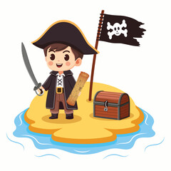 Kind and cute boy pirate with sword and map on island with chest and flag. Cartoon character in flat style on white background. Vector illustration