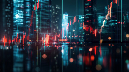 Vibrant city skyline with glowing stock market charts, depicting financial growth, technology, and future investments.