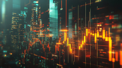 A vibrant cityscape with digital graphs displaying financial data, perfect for illustrating modern technology and business trends.