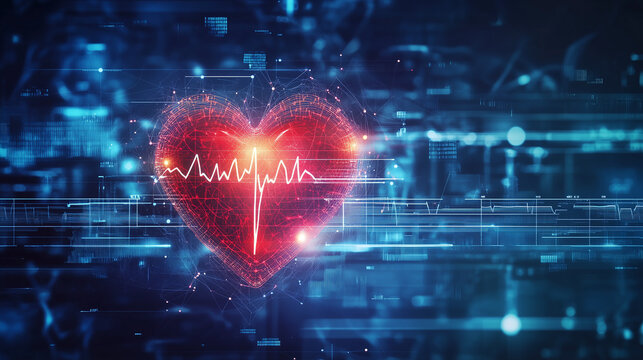 Puls serca w kontekście nowoczesnego tła medycznego, z elementami technologicznymi. Wykres bicia serca w połączeniu z technologicznymi symbolami medycznymi tworzy obraz innowacji