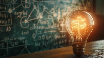 Glowing light bulb on a desk with a chalkboard filled with scientific equations in the background.
