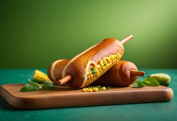 Corn Dogs with Cheese and Corn on Wooden Board with Green Background