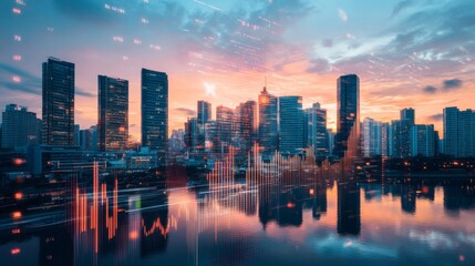 Obraz premium A city skyline at dusk with overlaid financial graphs and stock market trends, symbolizing the economic pulse of urban life