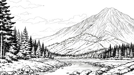 A serene landscape with a mountain, trees, river, and rocks under a cloudy sky. Peaceful nature scene with flowing water