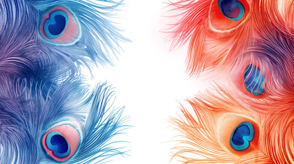 Obraz premium Multicolored peacock bird feathers, on white background, empty space in the center
