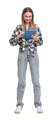 A woman in a casual plaid shirt and jeans is standing and using a tablet. The image is isolated on a white background. Technology and lifestyle concept © ImageFlow