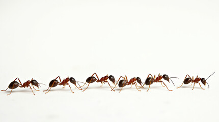 Fototapeta premium Line of worker ants marching in search of food on white background