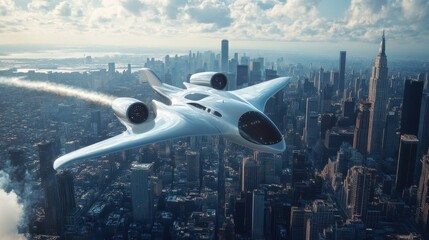 A futuristic hydrogen-powered airplane flying over a cityscape, with zero emissions trailing behind