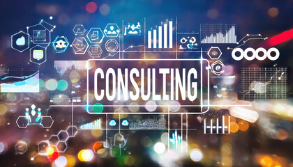 Consulting with vibrant city lights and data analytics concept