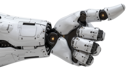 A robotic hand pointing to the right