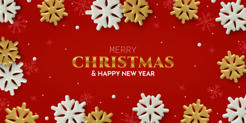 Red Christmas background with white and gold 3d snowflakes frame. Winter holidays vector banner design with text.