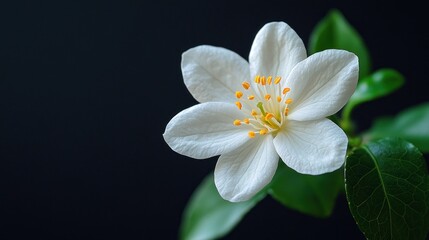 Obraz premium A close-up of a white flower with yellow stamens and green leaves.