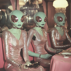 a gritty and glamorous 1969 retro futuristic photograph, of 3 alien gorgeous humanoid alien women at a party, wearing silver and pink space. 60s fashion photography