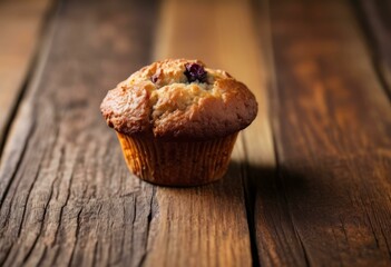 Golden-Brown Muffin with Blueberry Chunks on Rustic Wooden Surface, Shallow Depth of Field