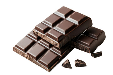 Fototapeta premium Delicious dark chocolate bars stacked together with broken pieces, showcasing rich texture and indulgent flavor. Perfect for dessert lovers.