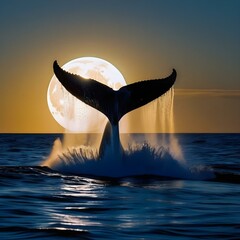 The scene captures a moonlit ocean with a whale breaching and spraying water into the air. The whale's tail is visible as it splashes through the water