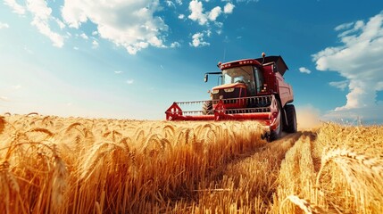 Obraz premium a red harvesting machine is harvesting wheat in a large garden