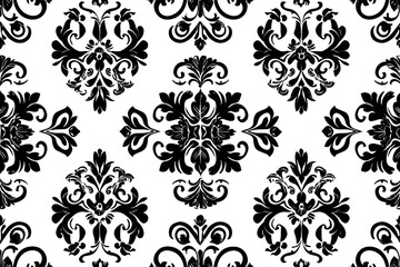 Elegant black floral damask pattern with intricate details and subtle texture, perfect for wallpaper, backgrounds, and fabric design.