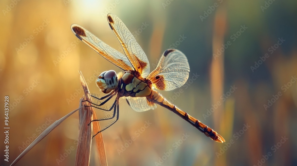 Poster a close-up of a dragonfly perched on a reed, with its delicate wings and striking colors highlighted
