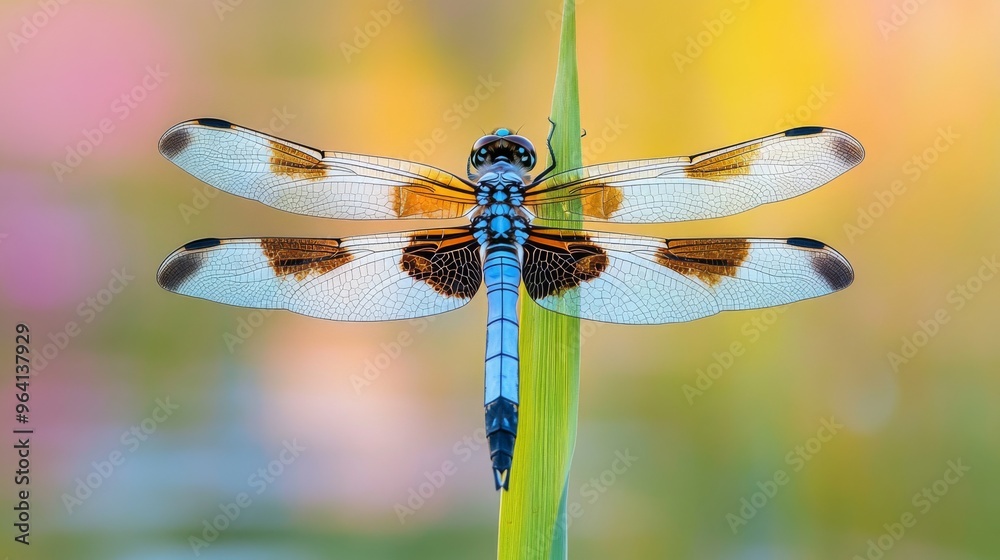 Poster a close-up of a dragonfly perched on a reed, with its delicate wings and striking colors highlighted