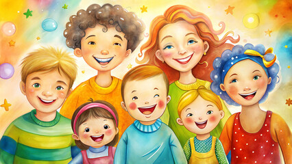 Child-like drawings of family and friends, bright colors, happy and innocent artwork
