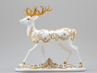 Regal White Deer Sculpture with Gold Antlers and Ornate Detailing