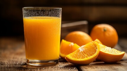 A close-up of a glass of freshly squeezed orange juice with condensation droplets, placed on a wooden table with sliced oranges beside it, symbolizing freshness and vitality.