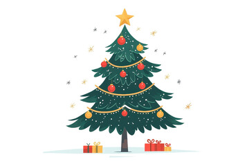 Festive Christmas tree decorated with ornaments, lights, and gifts underneath, representing holiday spirit and celebration.