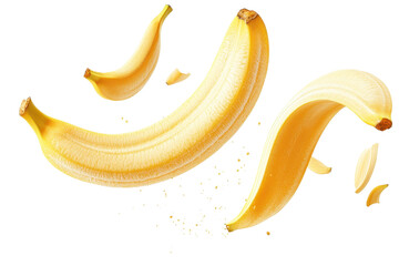 Floating bananas against a transparent background, showcasing fresh tropical fruits perfect for health and diet-related visuals.
