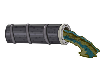 Wastewater and sewer pipe. Dirty water flowing from tube. Industrial pipe releases toxic waste. Industrial drain.Ecological disaster, dirty toxic effluents, environmental pollution.Vector illustration
