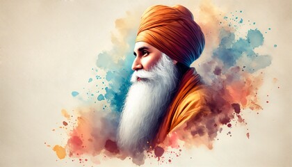 Watercolor illustration of guru nanak portrait.
