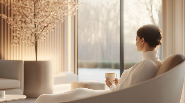 Woman relaxing in a cozy modern interior with a warm cup of coffee, enjoying the serene view through large windows