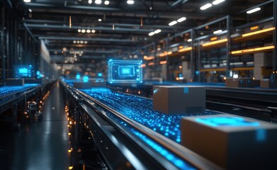 Fototapeta premium Automated Package Sorting System with Blue Lights.