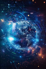 Obraz premium Illuminated earth surrounded by digital data streams representing global connectivity and technology.