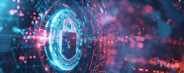 Obraz premium Digital Cyber Security Lock with Neon Lights and Bokeh Effect