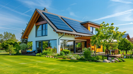 Sustainable Modern House with Solar Panels on a Bright Sunny Day