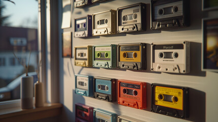 Naklejka premium Collection of cassette tapes displayed in a shadow box frame on a wall